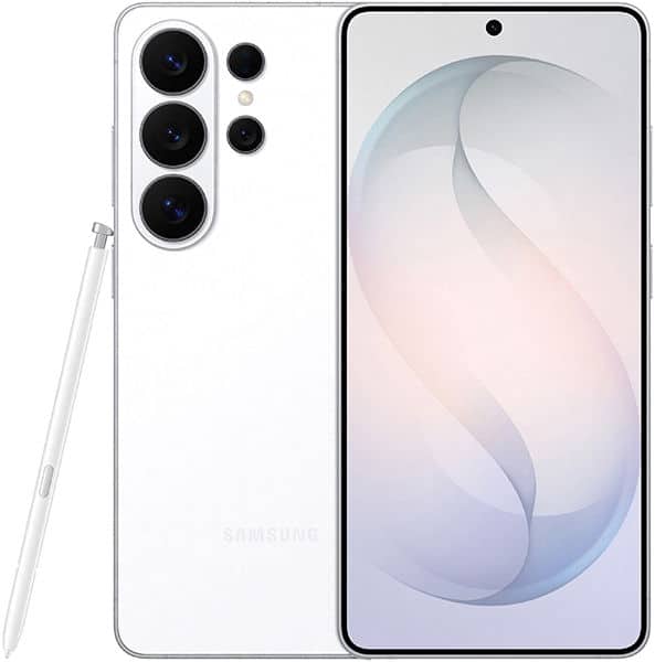 Samsung Galaxy S26 Ultra in white, rear and front views showing triple camera system and stylus, with soft gradient wallpaper on display