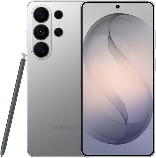 Samsung Galaxy S26 Ultra rear and front view with stylus, showing silver finish, triple camera system, and display with abstract wallpaper