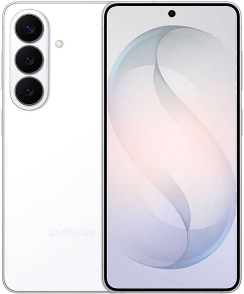 Samsung Galaxy S26 front view with white body, triple rear camera setup, and display showing abstract blue and white design wallpaper