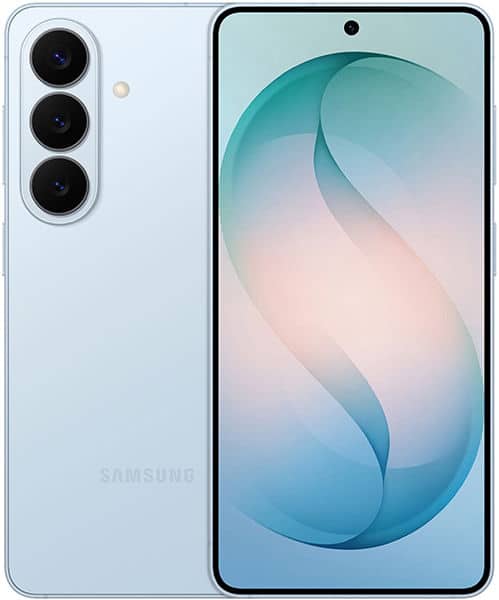 Samsung Galaxy S26 front view, light blue, showing triple rear cameras and display with abstract gradient wallpaper