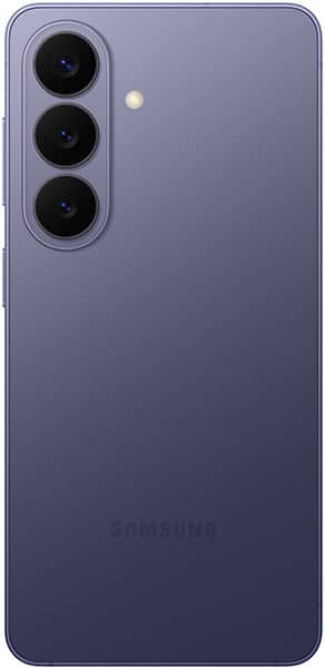 Samsung Galaxy S26 rear view, showing three camera lenses and flash on purple gradient back