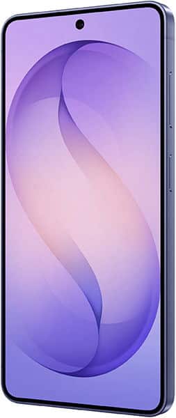 Samsung Galaxy S26 front view with purple gradient display showing abstract swirl design and centered camera punch-hole