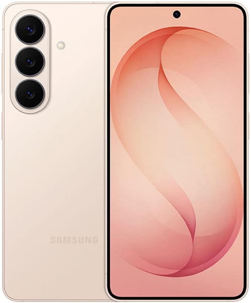 Samsung Galaxy S26 cream color, front and rear view showing triple rear camera and display with abstract pink wallpaper