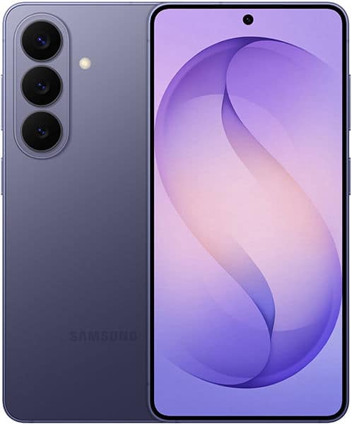 Samsung Galaxy S26 front and rear view, showing triple rear camera setup and purple gradient display wallpaper