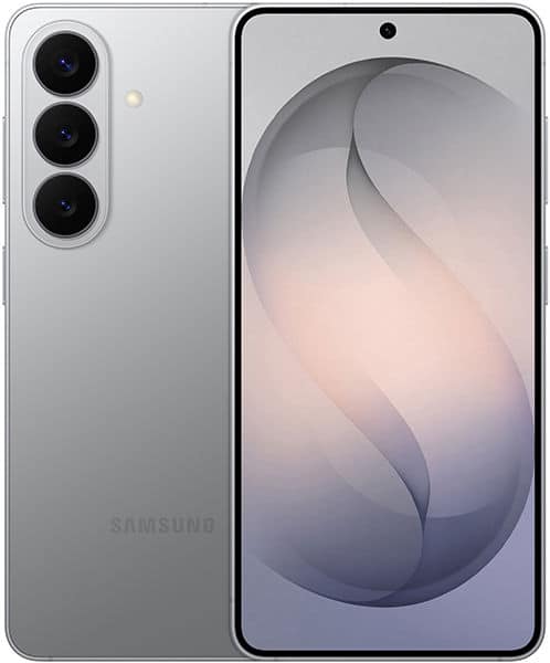 Samsung Galaxy S26 front and rear view, silver, showing triple rear camera and display with abstract flowing design wallpaper