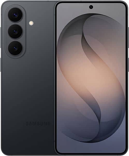 Samsung Galaxy S26 front and rear view showing dark gray device with triple rear camera setup and curved display with abstract wallpaper