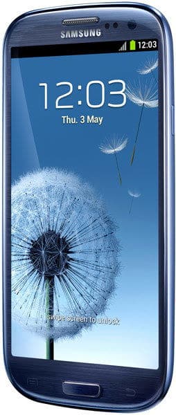 Samsung Galaxy S3 Neo front view, blue phone displaying dandelion wallpaper with time 12:03 and date Thursday 3 May on screen