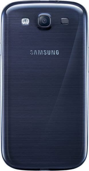 Samsung Galaxy S3 Neo rear view, dark blue with brushed finish, camera and speaker visible at top