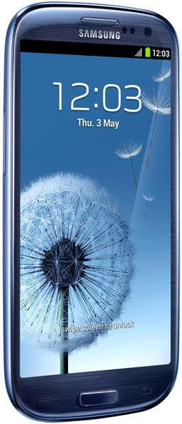 Samsung Galaxy S3 Neo, front view, displaying home screen with dandelion wallpaper and time 12:03