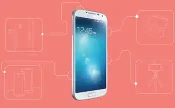 Samsung galaxy s4 smartphone displaying home screen, surrounded by accessory icons on coral background
