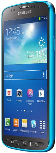 Front view of blue Samsung Galaxy S4 Active showing home screen with 12:45 time, March 14 date, and key app icons.