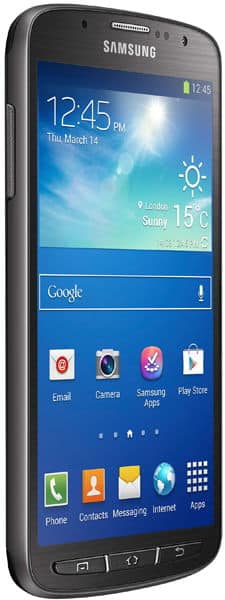 Front view of black Samsung Galaxy S4 Active with screen on, showing time, date, apps, and physical buttons below display.
