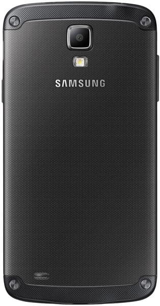 Rear view of black Samsung Galaxy S4 Active showing camera, flash, four corner screws, textured back, and centered Samsung logo.