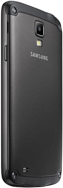 Rear angled view of black Samsung Galaxy S4 Active showing camera, flash, Samsung logo, textured back, and reinforced corners.
