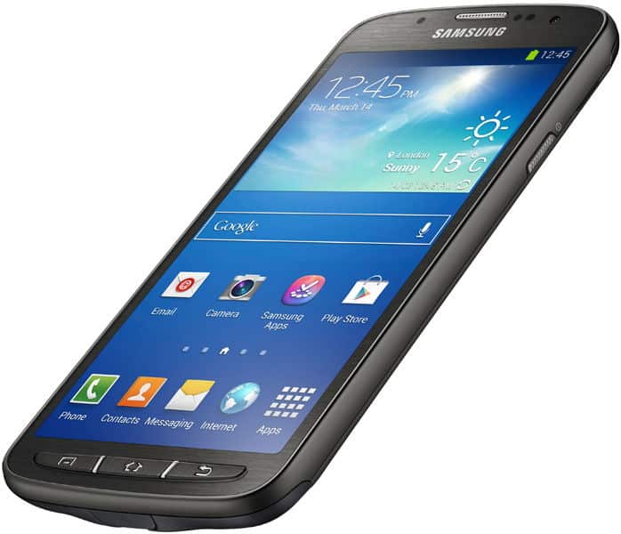 Samsung Galaxy S4 Active front angled view with black frame, showing home screen with time, date, weather, and app icons.