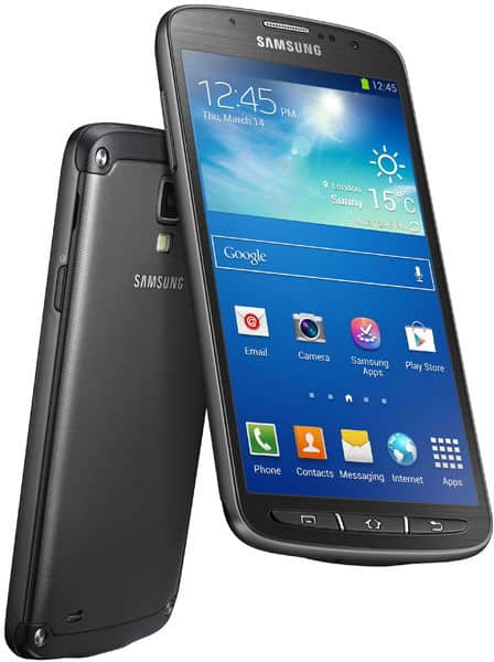 Samsung Galaxy S4 Active shown front view with home screen and rear view displaying logo and camera, highlighting build quality.