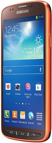 Front view of red Samsung Galaxy S4 Active showing home screen, London weather (15°C, sunny), and time 12:45, March 14.