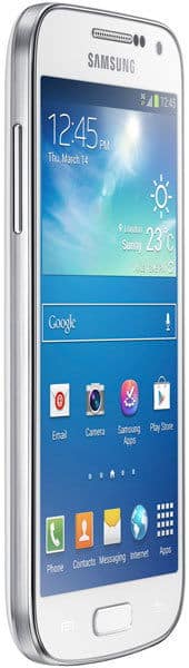 Samsung Galaxy S4 mini front view, white phone with blue home screen displaying weather and app icons