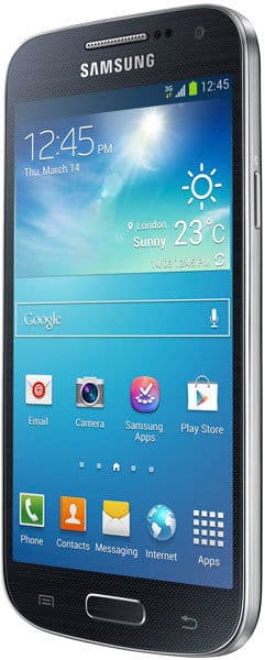 Samsung Galaxy S4 mini front view displaying home screen with weather widget, app icons, and time 12:45 PM