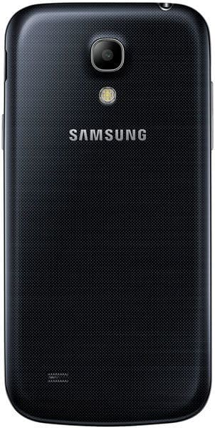 Samsung Galaxy S4 mini rear view, showing black textured back with camera lens and Samsung logo