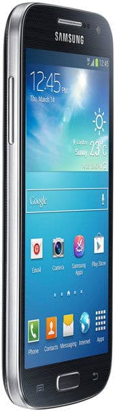 Samsung Galaxy S4 mini, front view, displaying home screen with weather widget and app icons