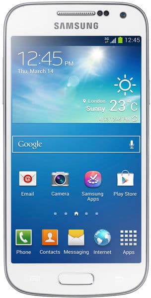 Samsung Galaxy S4 mini front view displaying home screen with weather widget showing 23°C and sunny conditions in London