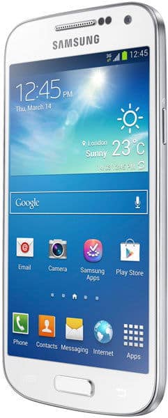 Samsung Galaxy S4 mini front view with white body, displaying home screen with weather widget and app icons