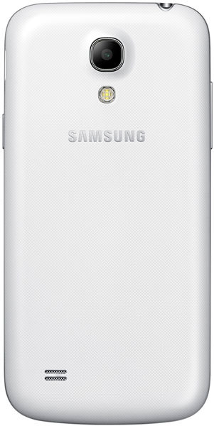 Samsung Galaxy S4 mini rear view, white, showing camera lens and speaker grille