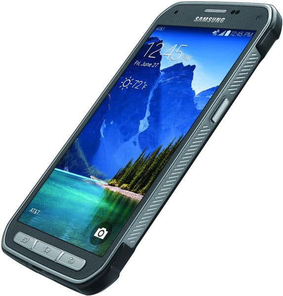 Samsung Galaxy S5 Active front view with landscape scenery on screen, showing time and weather widgets