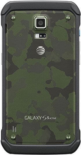 Samsung Galaxy S5 Active rear view, showing green camouflage pattern back with camera and speaker visible