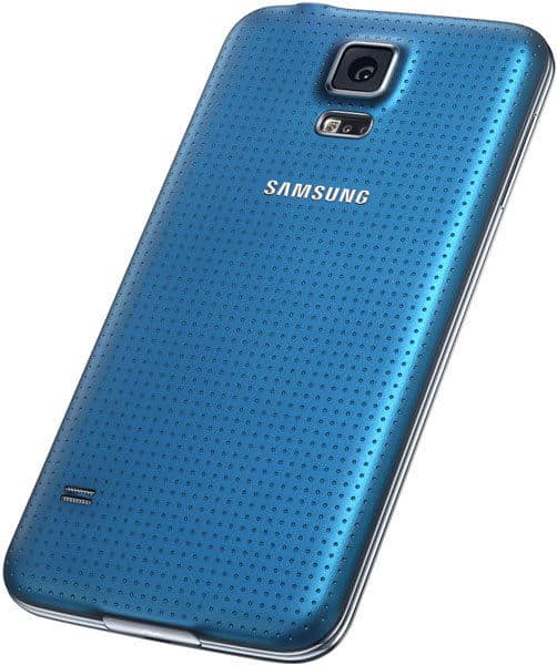 Rear view of blue Samsung Galaxy S5 shows single camera, flash, bottom-left speaker, centered logo, and dotted back texture.