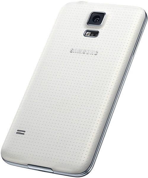 Rear angled view of white Samsung Galaxy S5 highlights camera, flash, speaker, dotted back texture, and centered Samsung logo.