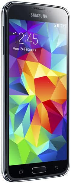 Samsung Galaxy S5 shown at a front-right angle, displaying 12:45 and date on its colorful geometric lock screen.