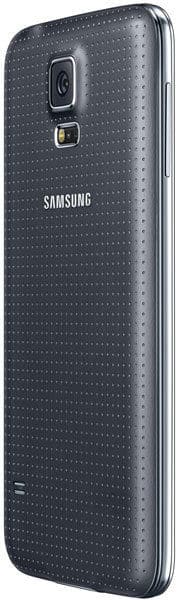 Rear view of black Samsung Galaxy S5 showing textured back, camera lens, flash, and Samsung logo.