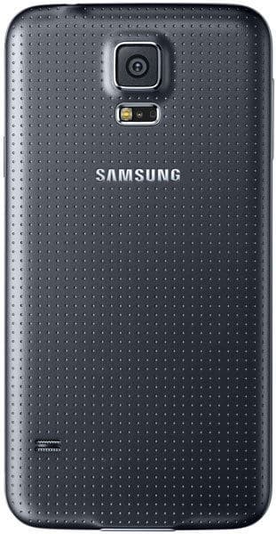 Rear view of black Samsung Galaxy S5 with dimpled back, centered logo, rear camera with flash, and speaker at bottom left.