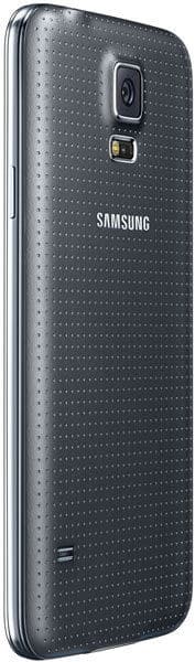 Samsung Galaxy S5 shown from an angled rear view, displaying black textured back, rear camera, flash, and centered Samsung logo.