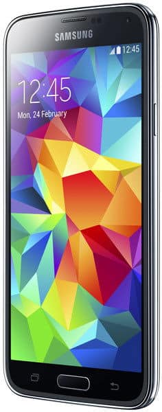 Samsung Galaxy S5 front angled view showing colorful geometric lock screen with time 12:45, date Monday, 24 February.