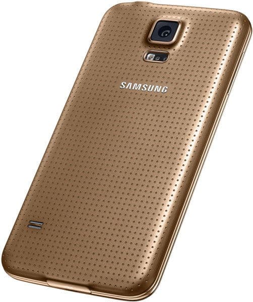 Rear view of gold Samsung Galaxy S5 with textured back, center Samsung logo, rear camera, flash, and speaker.