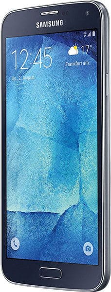 Samsung Galaxy S5 Neo front view, dark blue phone displaying blue textured home screen with time and weather widget