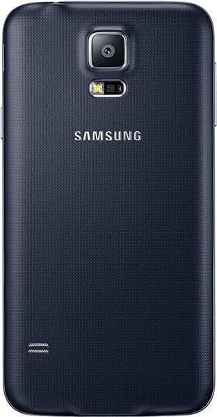 Samsung Galaxy S5 Neo rear view, dark blue with textured back, camera and flash visible