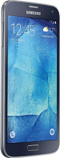 Samsung Galaxy S5 Neo front view with blue water landscape on screen displaying time 12:45