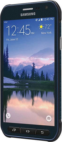 Samsung Galaxy S6 Active front view with screen displaying time 12:45 PM, weather widget, and mountain lake landscape wallpaper