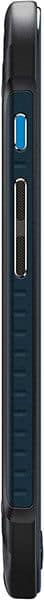 Samsung Galaxy S6 Active, rear view, showing dark blue and black body with blue accent button and white stripe detail