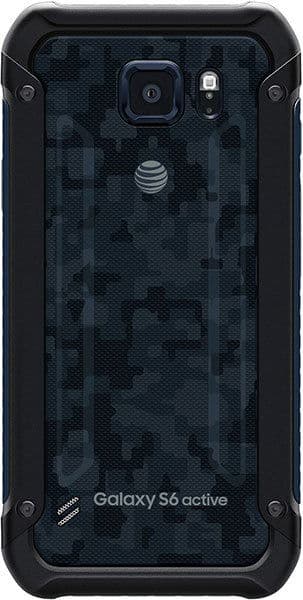 Samsung Galaxy S6 Active rear view, showing dark textured back panel with camera and AT&T logo