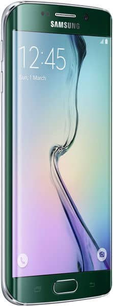 Samsung Galaxy S6 Edge front view with curved display showing time 12:45, gradient wallpaper transitioning from green to pink