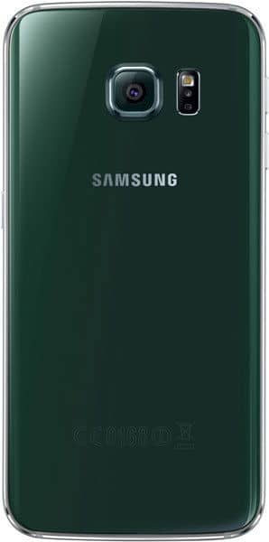 Samsung Galaxy S6 Edge rear view, showing dark green glass back with camera and flash, Samsung branding visible