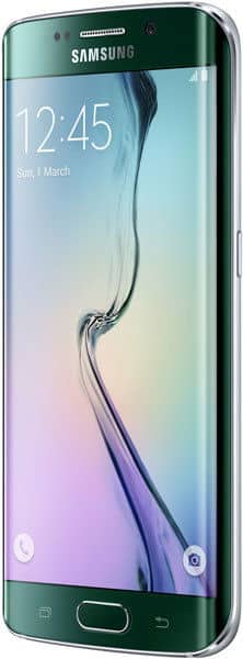 Samsung Galaxy S6 Edge front view with curved display showing time 12:45, gradient wallpaper, and green frame