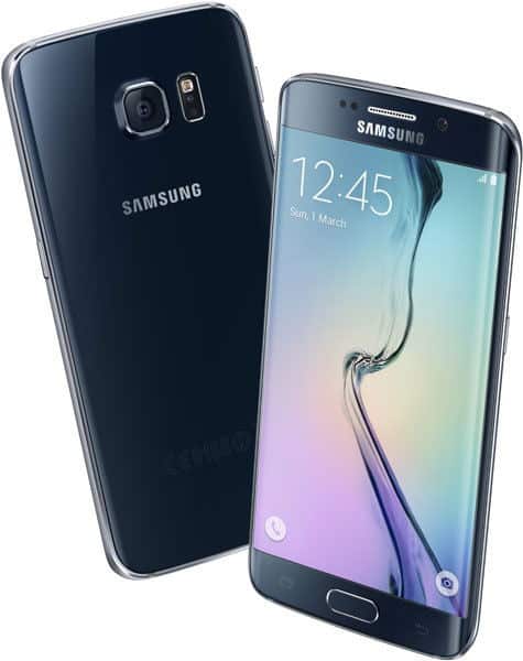 Samsung Galaxy S6 Edge rear and front views, showing dark blue back with camera and Samsung branding, and front screen displaying time and curved edge display