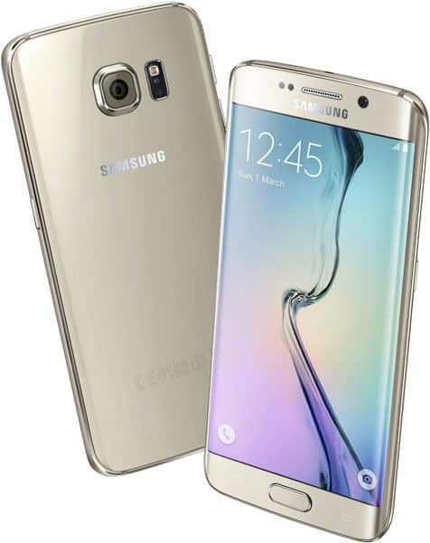 Samsung Galaxy S6 Edge shown from rear and front angles, gold finish, displaying home screen with time 12:45