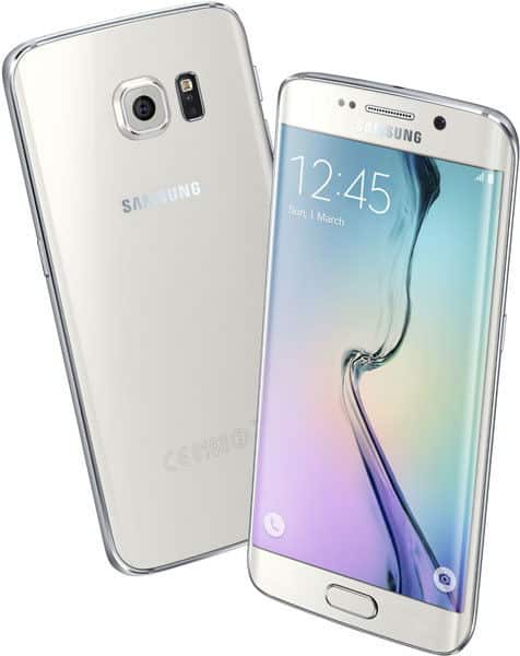 Samsung Galaxy S6 Edge shown from rear and front, white model with curved edges and camera lens visible on back